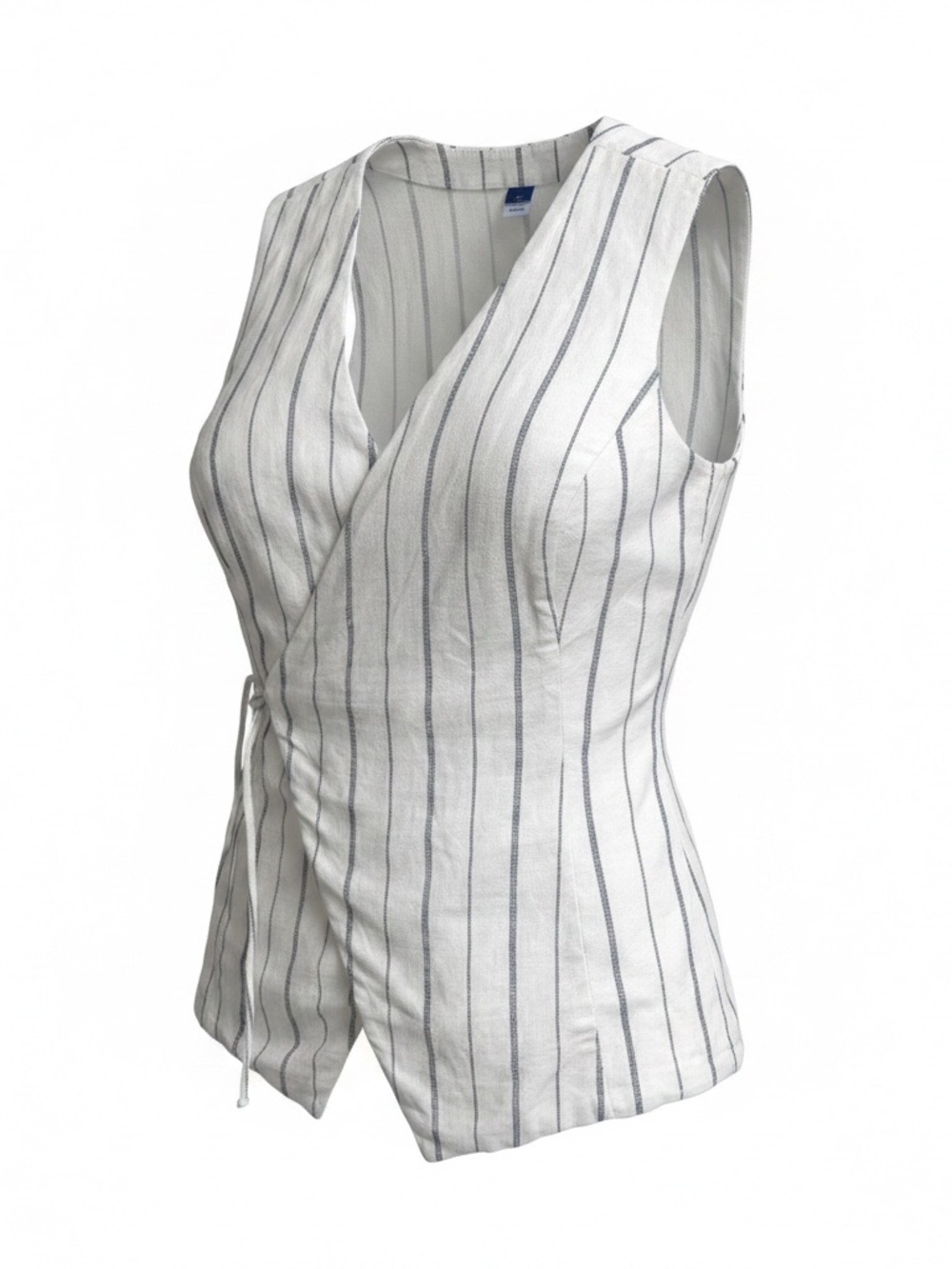 Linen Striped Sleeveless Wrap Top - Off-White with Black Stripes - Picture 2 of 8